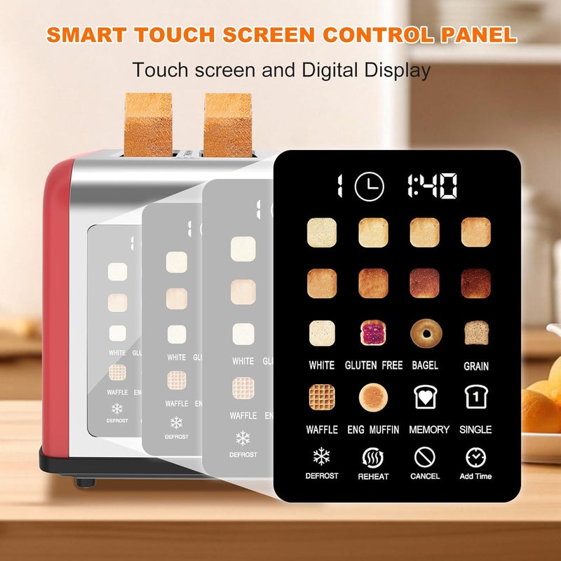 Clixane 2 Slice Toaster Touch Screen, Stainless Steel Toasters Digital Timer 2 Slot Toasters, 8 Shade Settings 6 Bread Types for Bagel, Cancel, Defrost (Red) - Image 5
